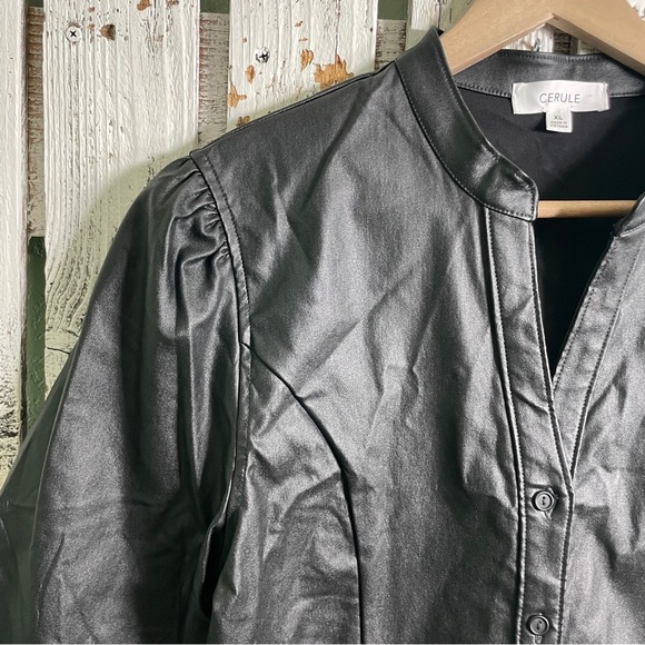 Cerule Black Faux Leather Top Womens Size XL Button Up V-neck Romantic Night Out - Picture 4 of 10